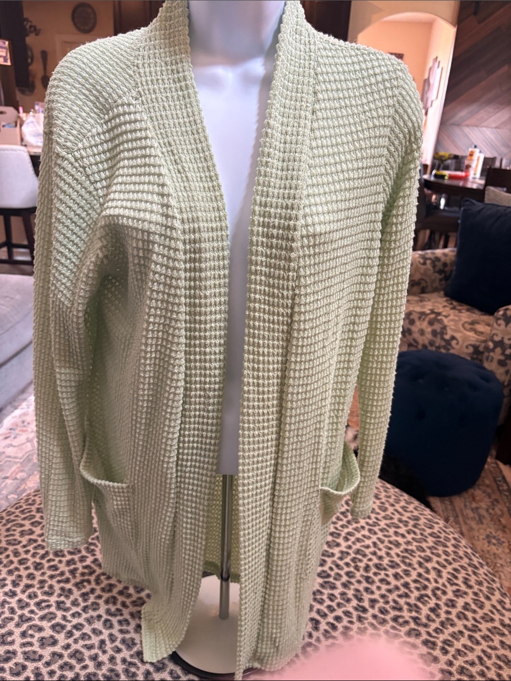 Open-Front Waffle Knit Cardigan in Pale Green